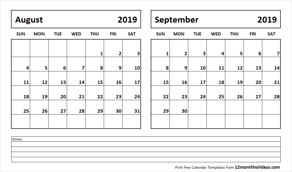Print August September 2019 Calendar Template 2 Month Calendar
