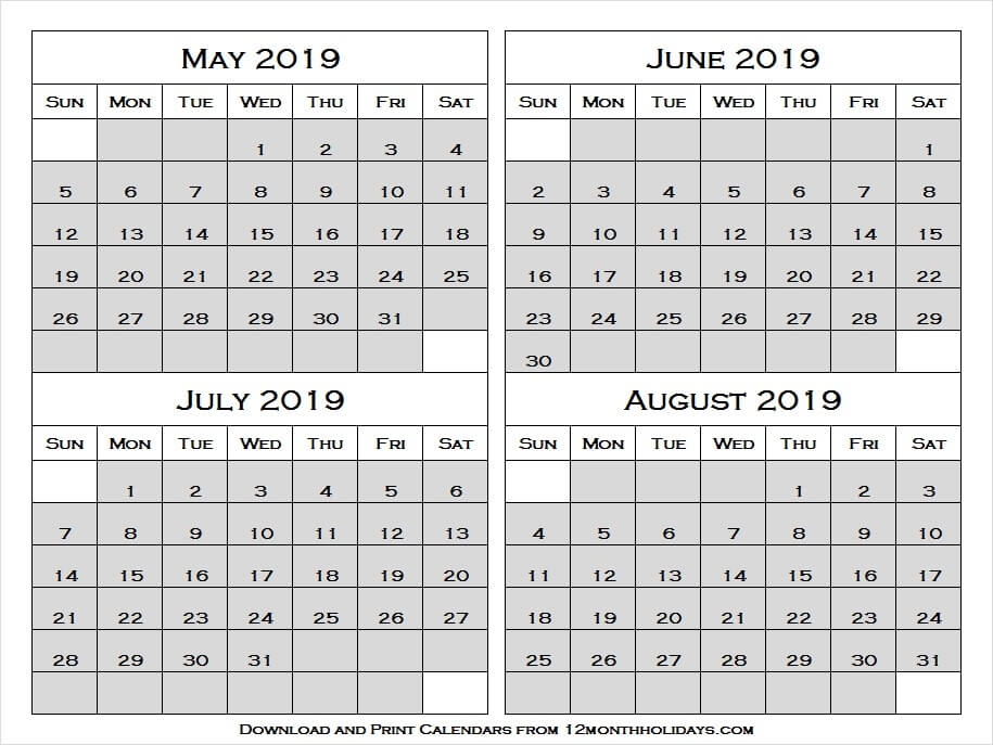 May August 2019 Blank Calendar
