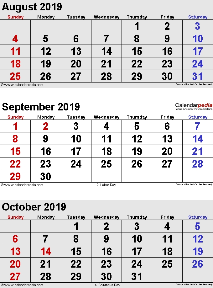 September 2019 Calendars For Word Excel Pdf