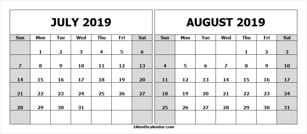 White Calendar 2019 July And August