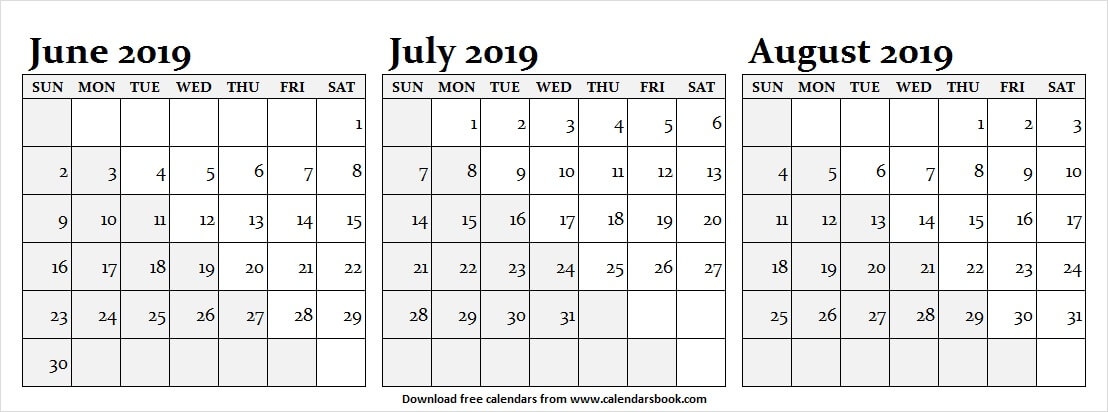 2019 Calendar June July August September Editable