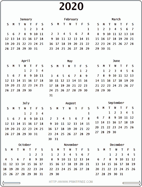 Yearly Calendar 2020 Free Printable