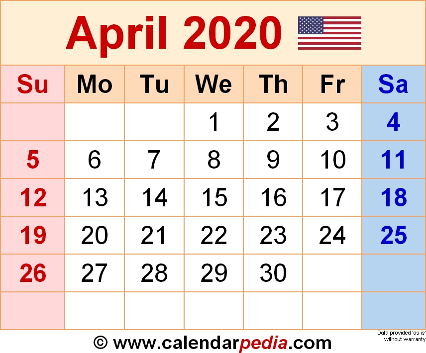 April 2020 Calendars For Word Excel Pdf
