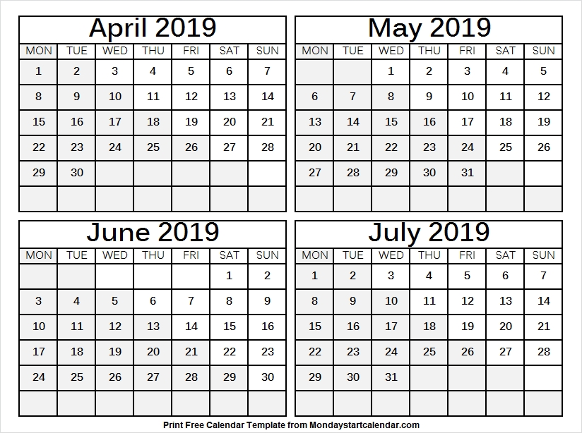 April July 2019 Blank Calendar Four Months Calendar