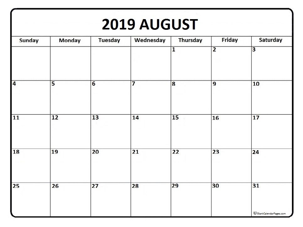 August 2019 Calendar Free Printable Monthly Calendars