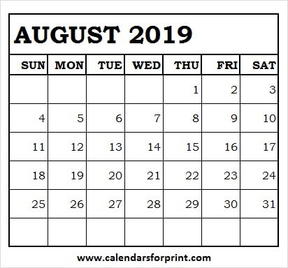 August 2019 Calendar Clipart