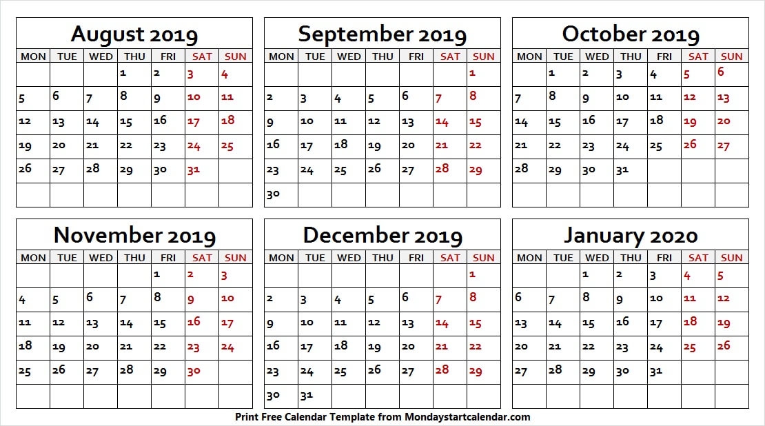 Printable August 2019 January 2020 Calendar