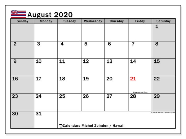 August 2020 Calendar Hawaiiusa Michel Zbinden En