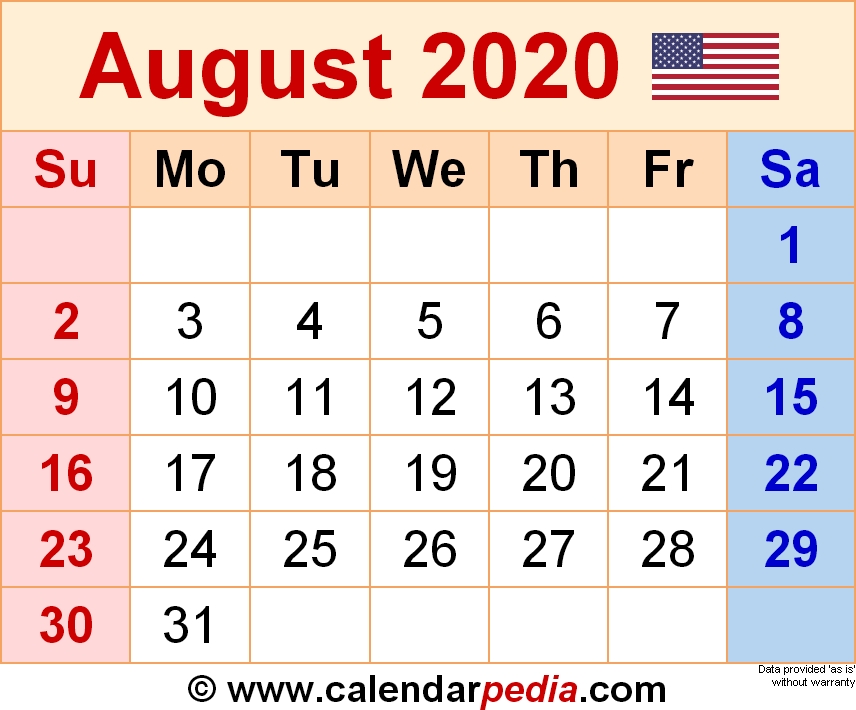 August 2020 Calendars For Word Excel Pdf