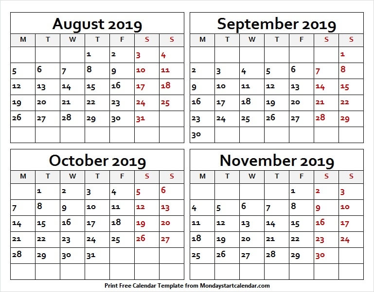 August September October November 2019 Calendar Free Calendar