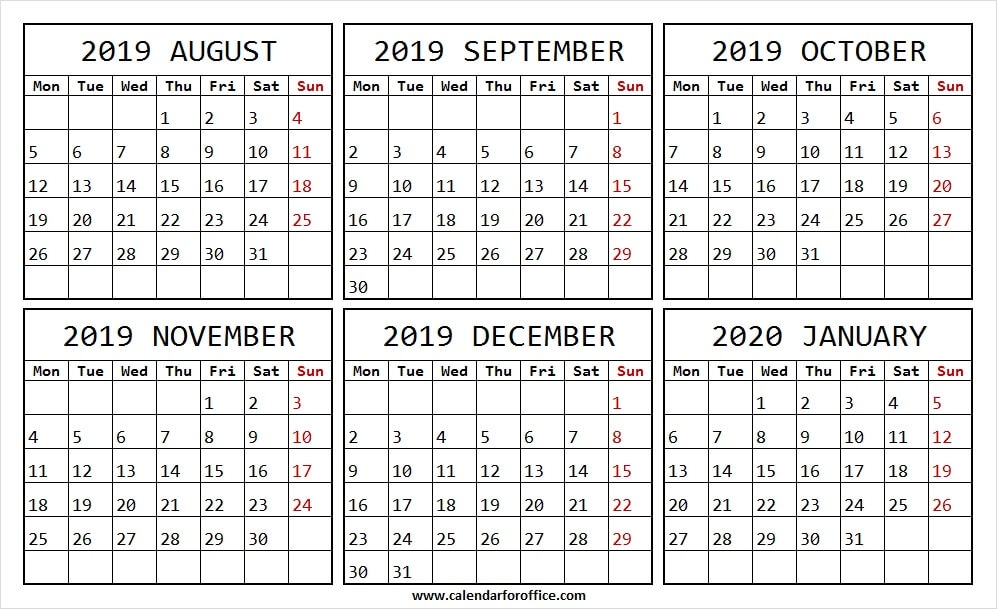 Blank August 2019 January 2020 Template 6 Month Calendar