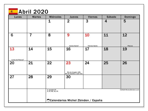 Calendario De Noviembre De 2019 A Abril De 2020