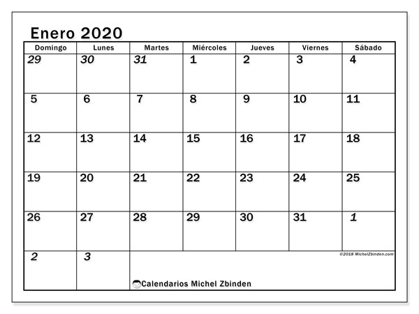 Calendario Enero 2020 En Blanco