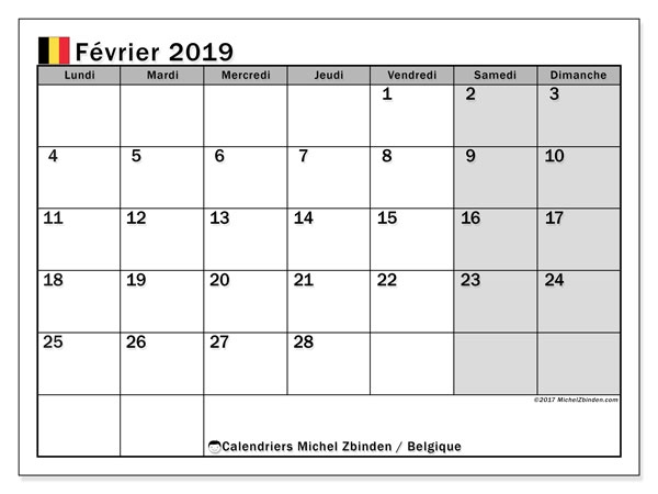 Calendrier Fvrier 2019 Belgique Michel Zbinden Fr