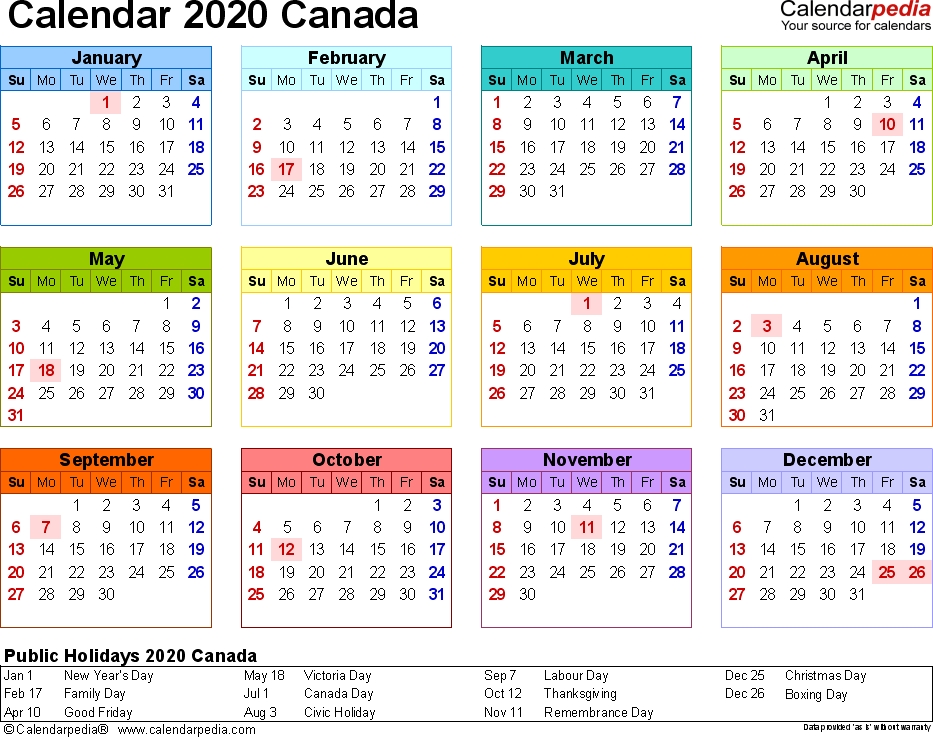 2020 Calendar Canada Free