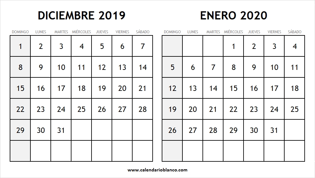 Calendario De Diciembre 2019 Enero 2020