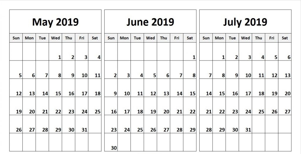 Free May June July 2019 Calendar Printable Download