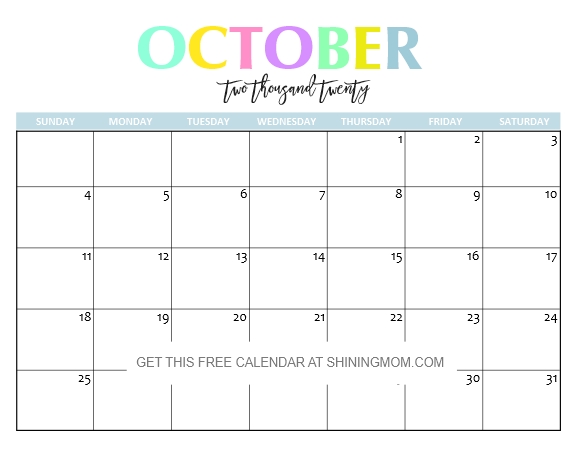 October 2020 Calendar Printable