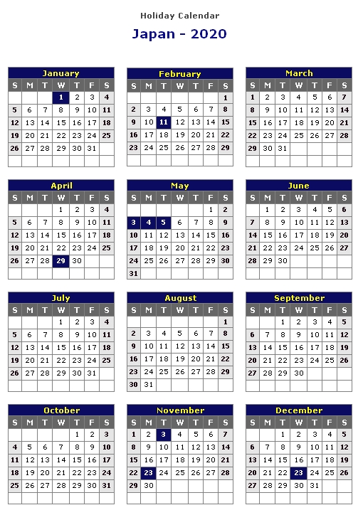 Japan 2020 Printable Holiday Calendar Printable Hub