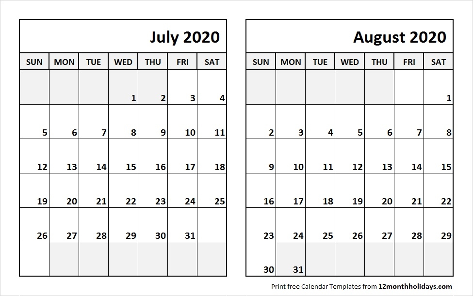 Jul Aug 2020 Printable Calendar