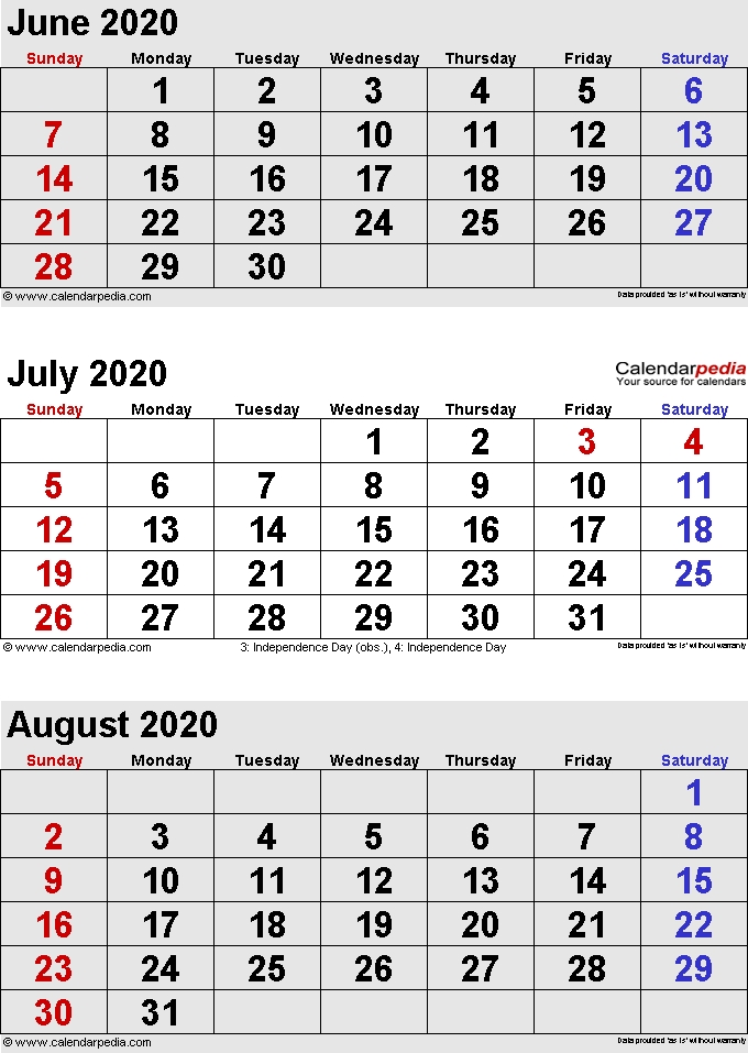 July 2020 Calendars For Word Excel Pdf