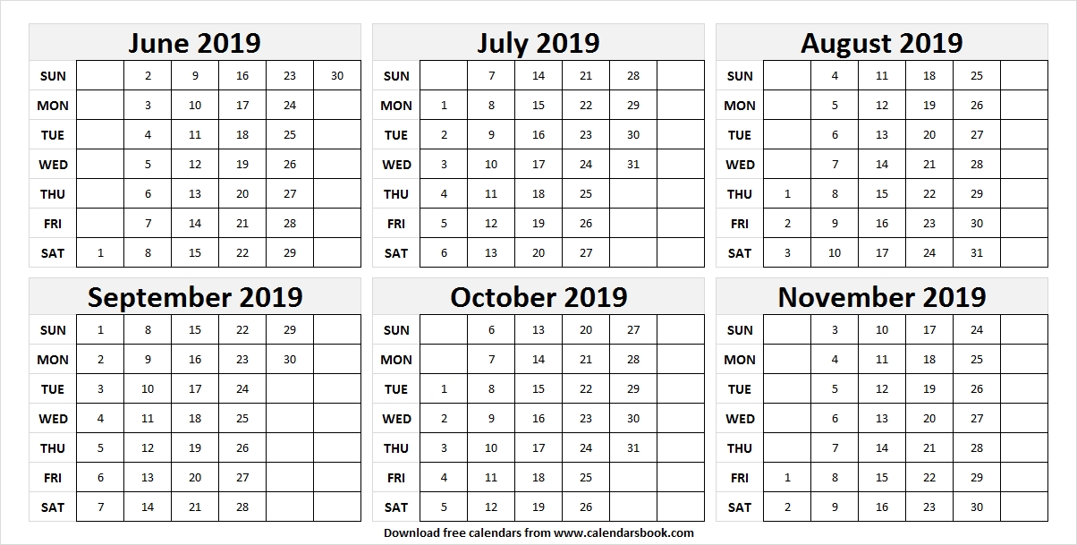 Jun Nov 2019 Printable Calendar Template June Month Calendar