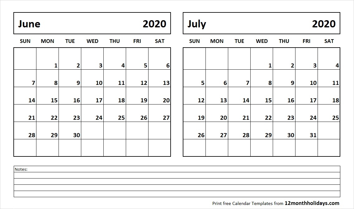 June And July 2020 Calendar All 12 Month Calendar Printable