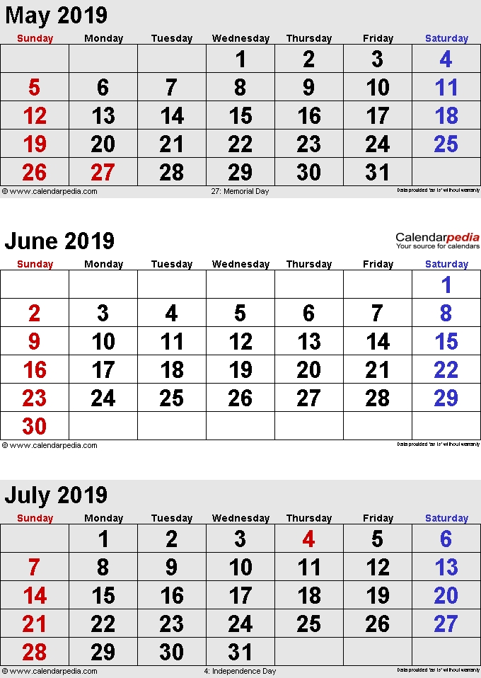 May June July Calendar 2019 Portrait 2019 Calendars Monthly