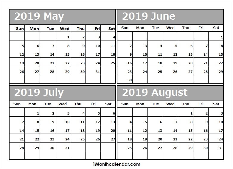 May To August 2019 Calendar 2019 Calendar Online