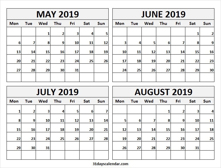 May To August 2019 Month Calendar 2019 May Calendar Word