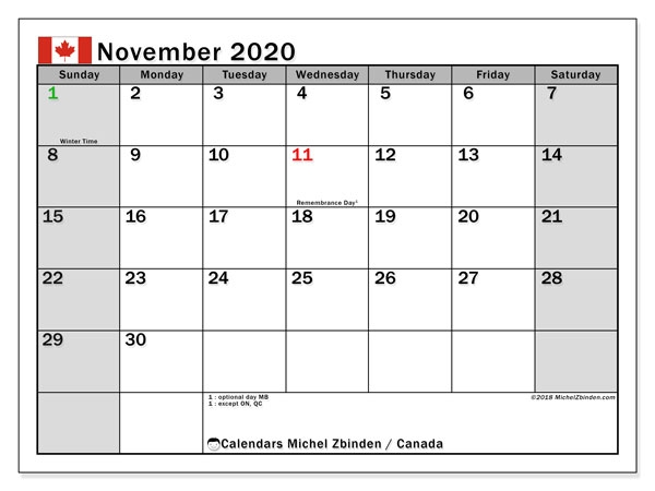 November 2020 Calendar Canada Michel Zbinden En