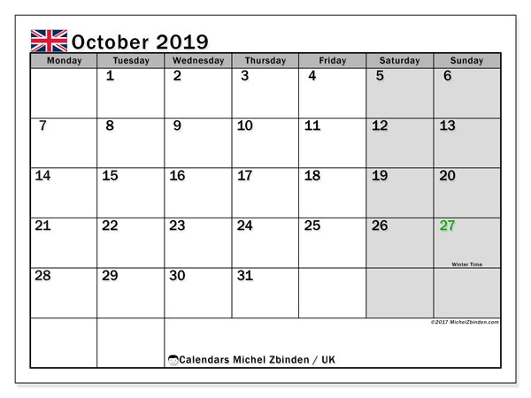 October 2019 Calendar Uk Michel Zbinden En