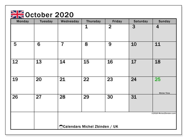 October 2020 Calendar Uk Michel Zbinden En