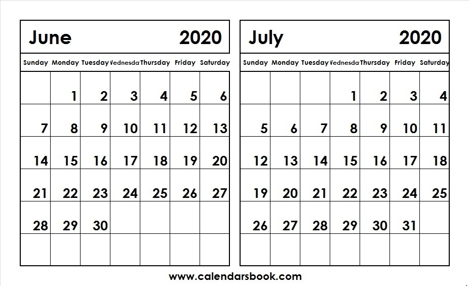 Print June July 2020 Calendar