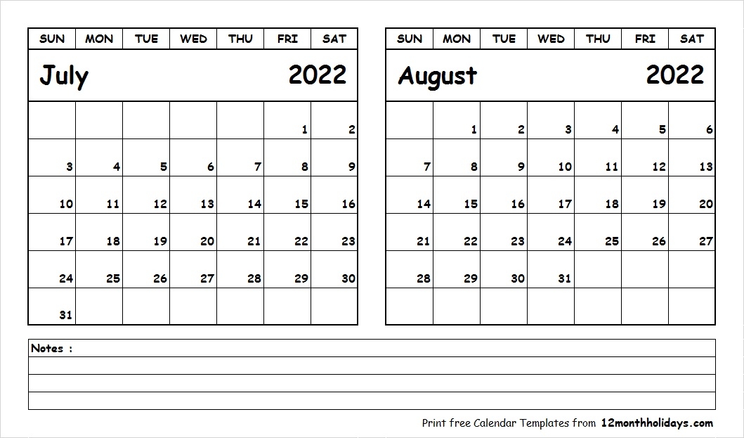 Printable Blank Two Month Calendar July August 2022 Template