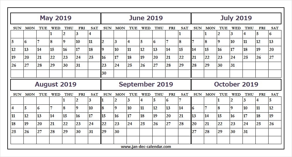 Printable Calendar May October 2019 October Month Calendar