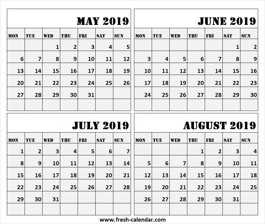 May To August 2019 Calendar Printable