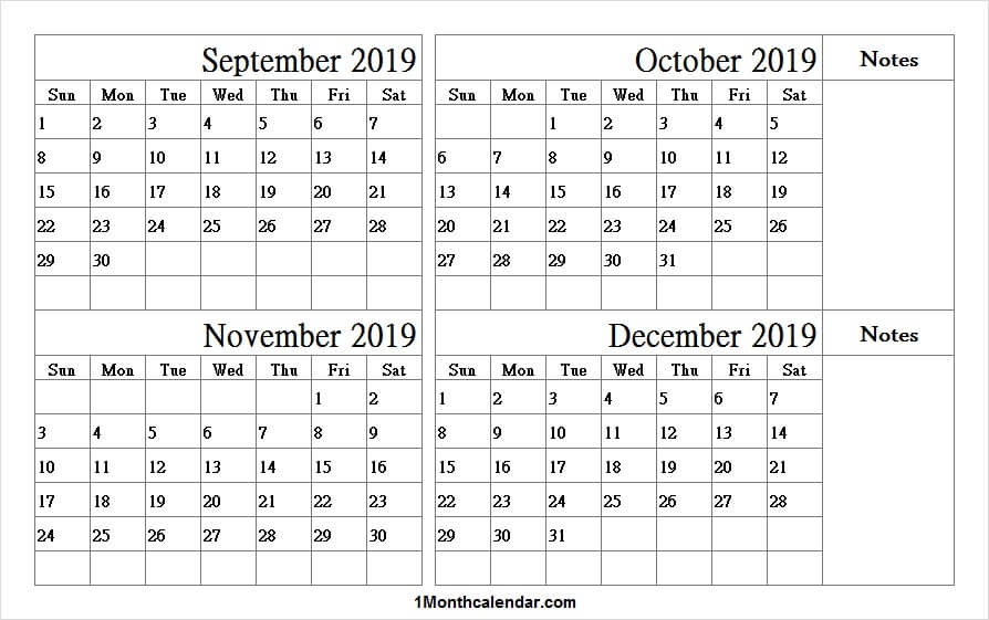Calendar September December 2019