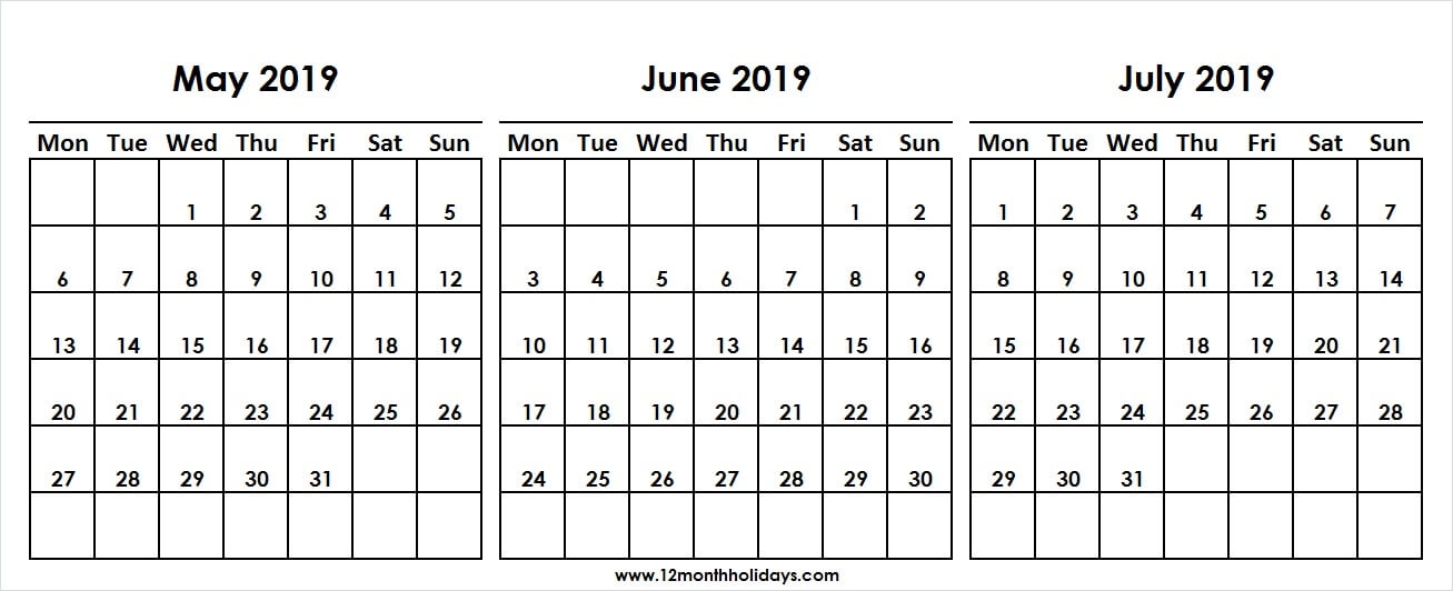 Three Month Calendar May June July 2019 Template 2019 Calendar