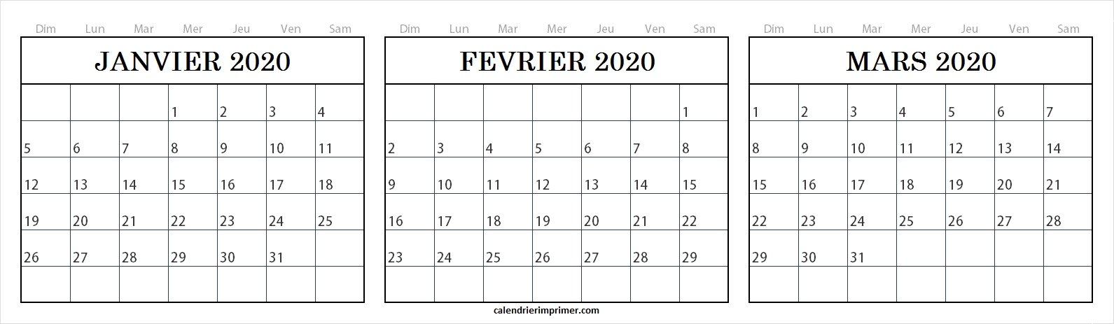 Trois Mois Calendrier Janvier Fevrier Mars 2020 Vacances Imprimer