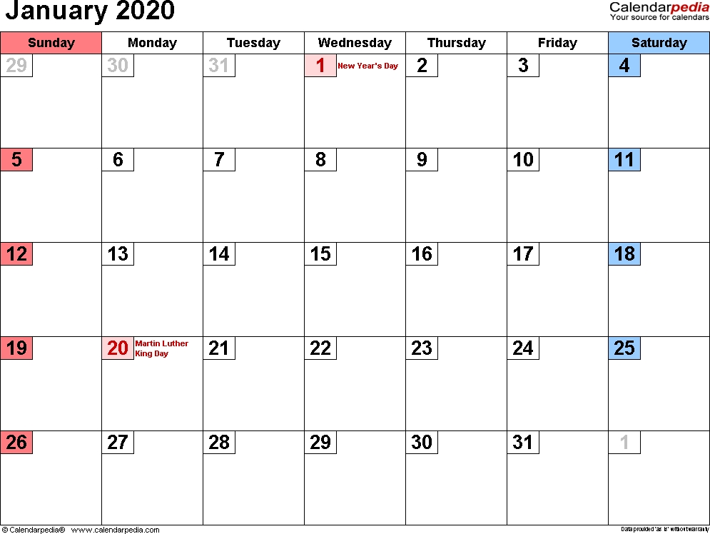 2020 January Calendar