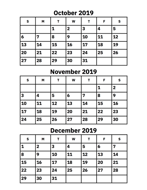 October November December 2019 Blank Calendar
