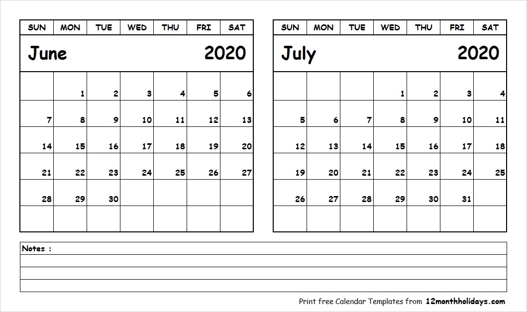 Printable Blank Two Month Calendar June July 2020 Template