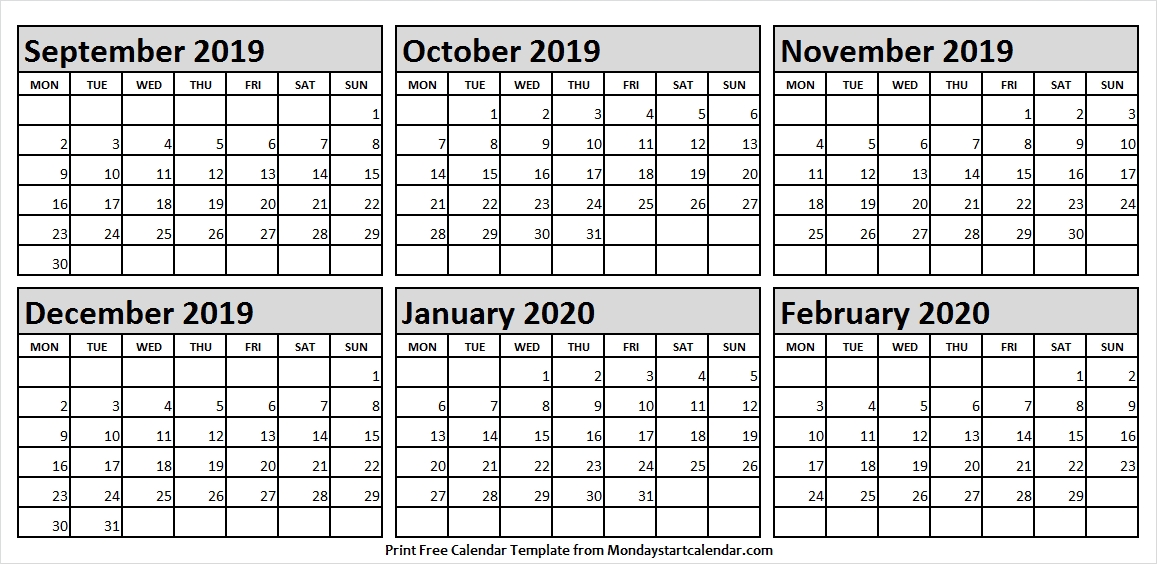 September 2019 To February 2020 Editable Calendar