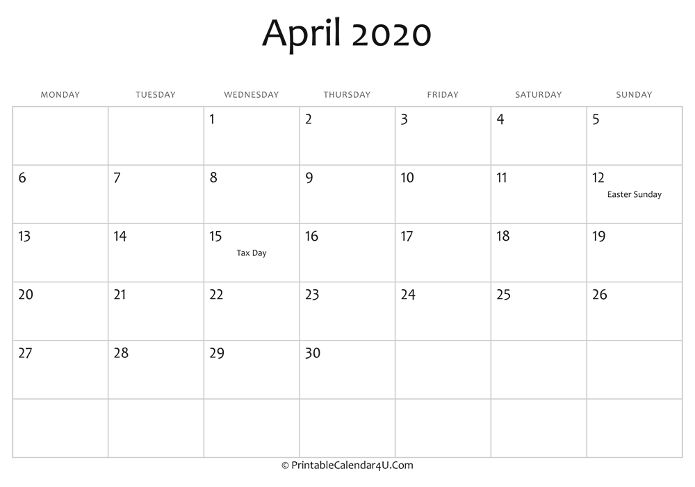 Editable April 2020 Calendar