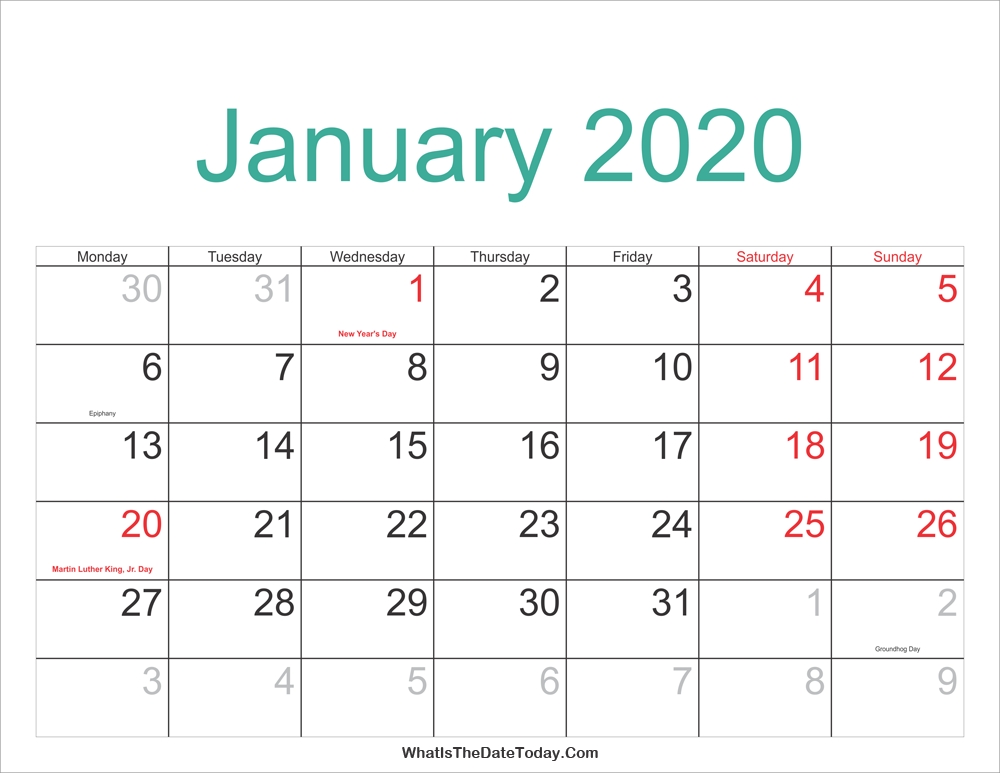 January 2020 Calendar With Holidays