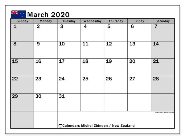 March 2020 Calendar, New Zealand - Michel Zbinden En
