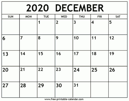 December  2020 Calendar Printable