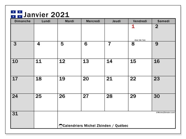 Calendrier Janvier 2021, Québec (Canada) - Michel Zbinden Fr