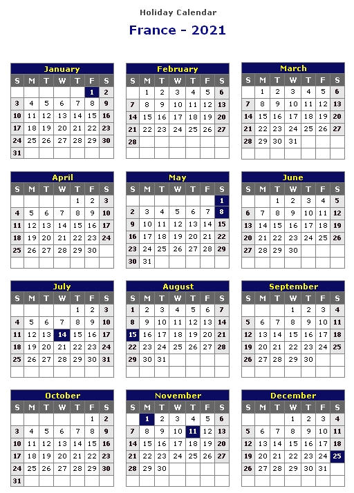France 2021 Printable Holiday Calendar « Printable Hub